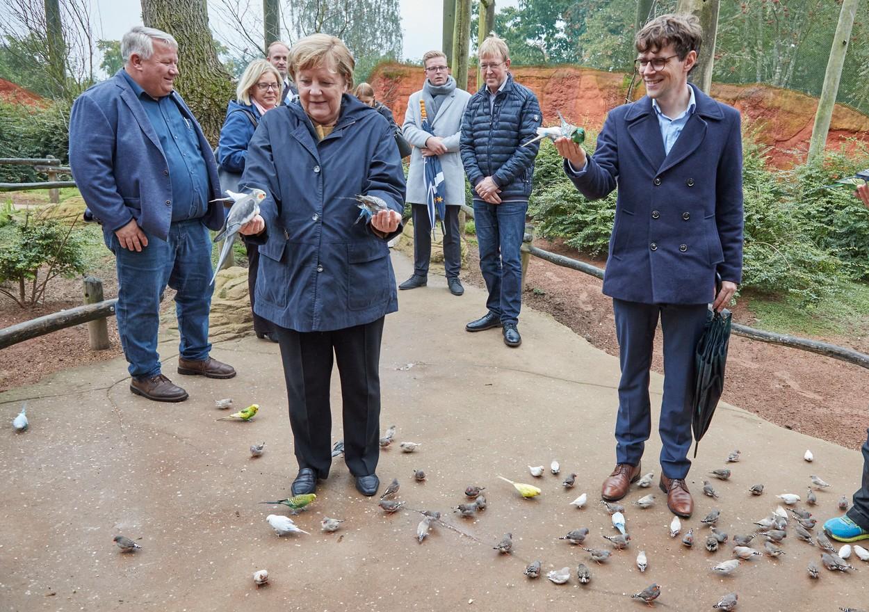 Angela Merkel, asaltată de papagali într-un parc din Germania. Reacția cancelarului după ce păsările s-au așezat pe ea