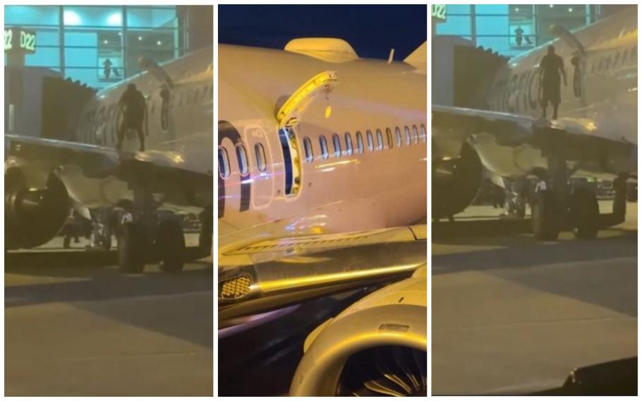 Un bărbat a sărit pe aripa unui avion, la scurt timp după aterizare Un bărbat a sărit pe aripa unui avion, la scurt timp după aterizare