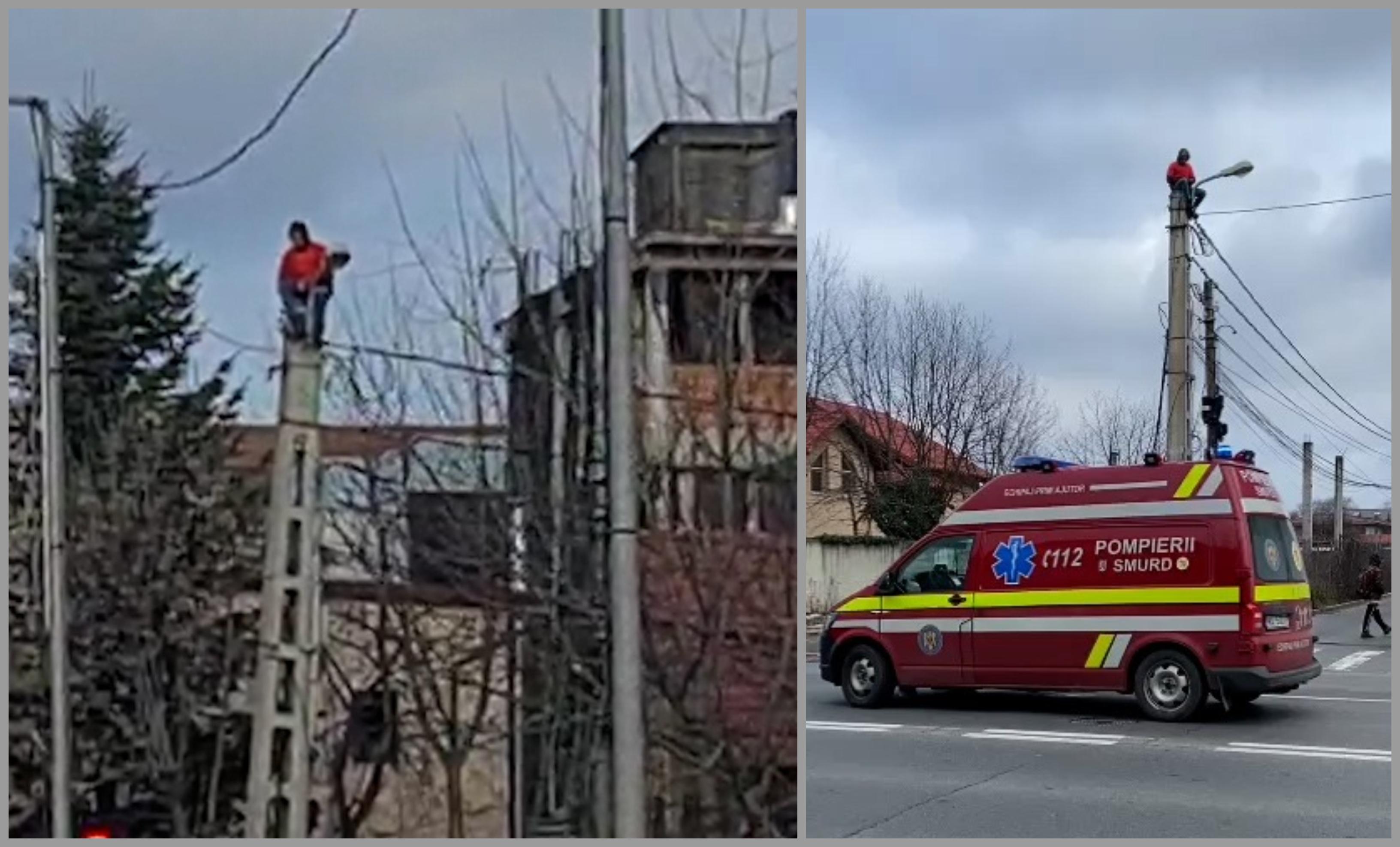 Autorităţile în alertă, în faţa casei lui Gigi Becali, din Pipera. Un bărbat s-a căţărat pe un stâlp de electricitate