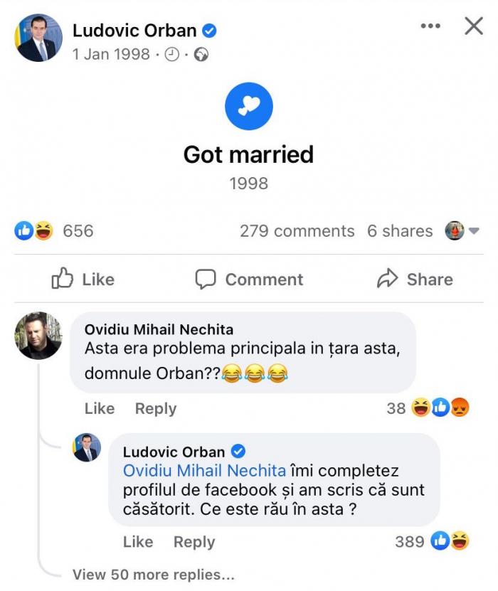 Ludovic Orban, replici ironice după ce a menţionat pe Facebook că s-a căsătorit în 1998