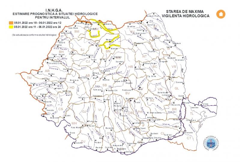 hartă posibile inundații România 5 ianuarie 2022 hartă hidrologică