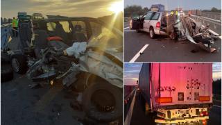 Un şofer s-a născut a doua oară, după ce s-a izbit violent de un camion şi a făcut zob maşina, pe A1. Vehiculul avea numere false