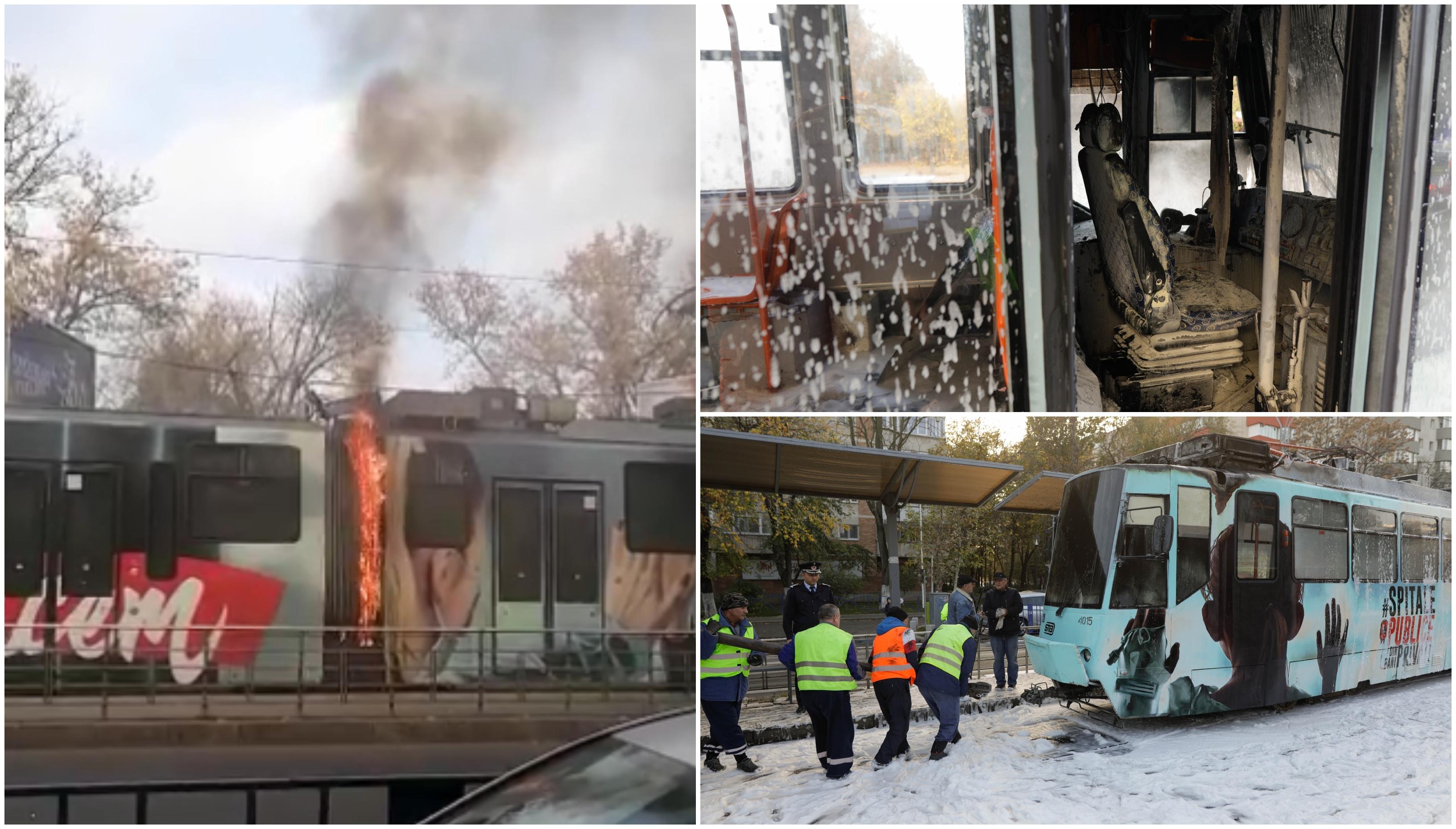 Tramvai în flăcări pe linia 1 din Bucureşti