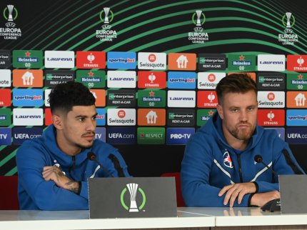 Florinel Coman si Mihai Pintilii participa la conferinta de presa a celor de la FCSB de dinaintea meciului impotriva lui West Ham United, din cadrul grupelor UEFA Europa Conference League, desfasurata la Baza de antrenament FCSB din Bercen