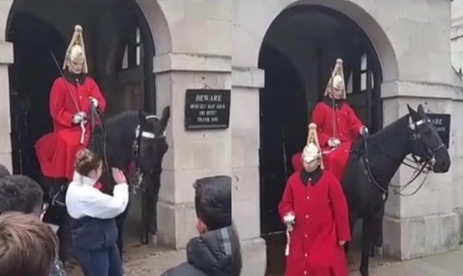 Momentul în care un soldat din Garda Regală țipă la o femeie, după ce i-a plesnit calul de trei ori Momentul în care un soldat din Garda Regală țipă la o femeie, după ce i-a plesnit calul de trei ori