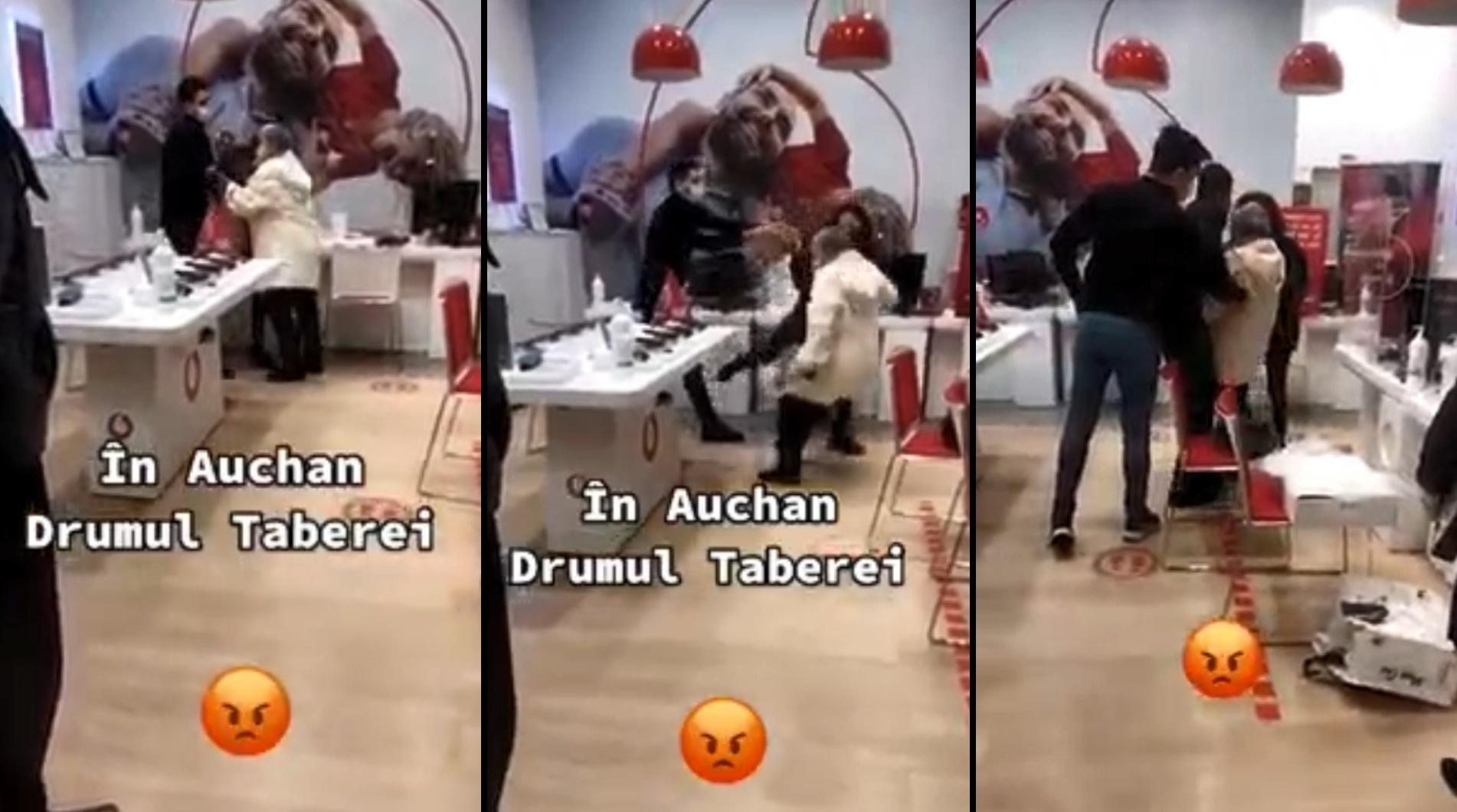 femeie trântită la pământ în Auchan Drumul Taberei