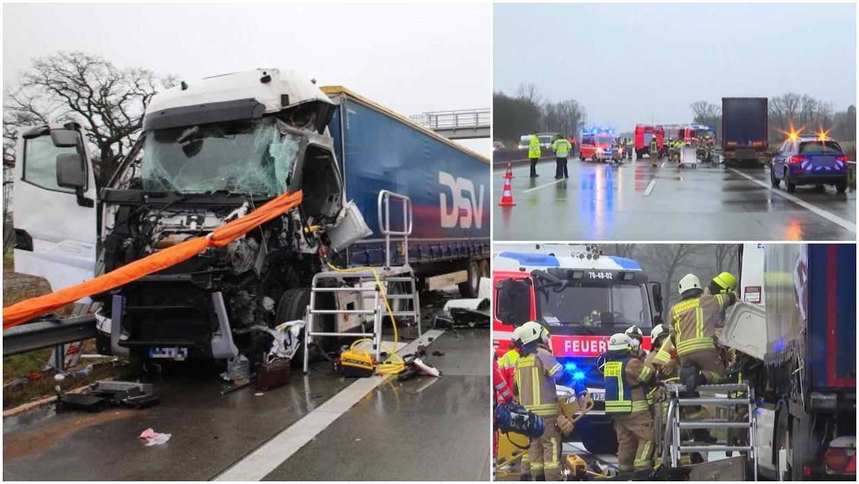 Un şofer român de TIR a murit în cabina zdrobită, după un accident înfiorător pe A7, în Germania. A intrat în plin într-un alt camion