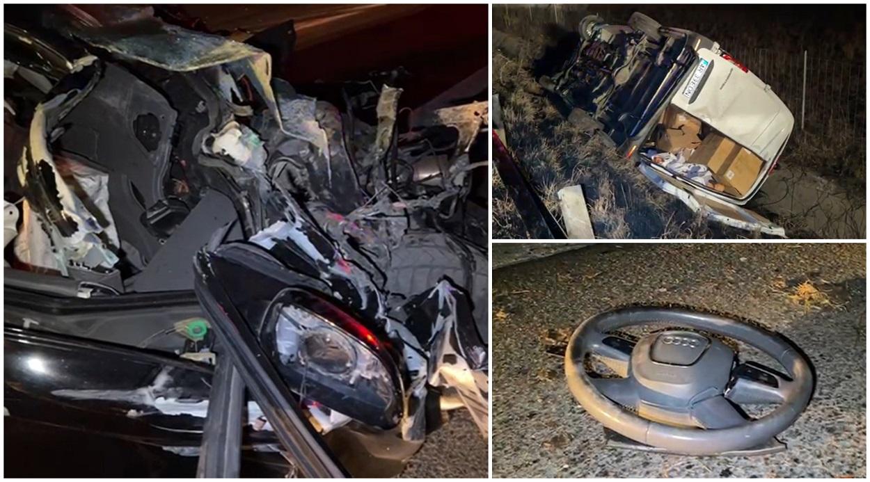 Motor zburat la zeci de metri distanță, după un accident cumplit pe autostrada Timișoara – Arad. Unul dintre șoferi a murit