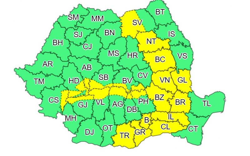 Harta județelor afectate de codul galben