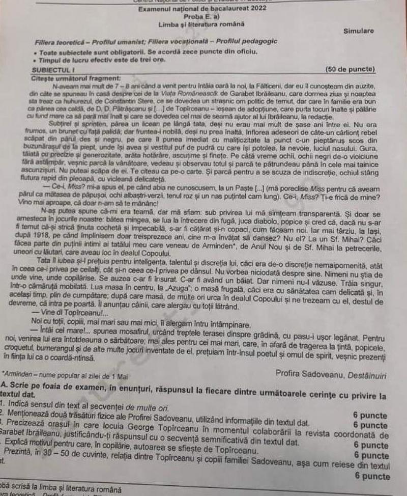 Subiecte simulare BAC 2022 - limba română Subiecte simulare BAC 2022 - limba română