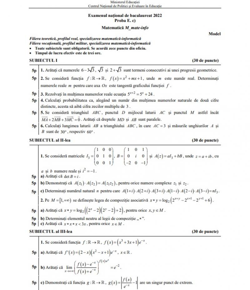 Simulare Bac 2022. Proba obligatorie a profilului. Subiecte la matematică
