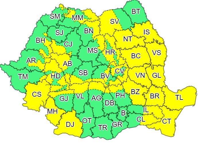 Harta județelor afectate de codul galben