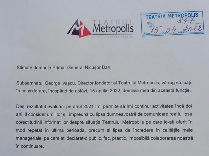 Demisia înaintată de George Ivaşcu, fostul manager al Teatrului Metropolis