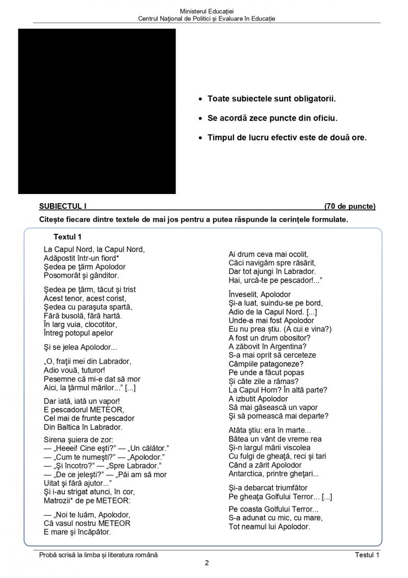 Testul 1 de antrenament pentru Evaluare Naţională 2022 - limba şi literatura română Testul 1 de antrenament pentru Evaluare Naţională 2022 - limba şi literatura română