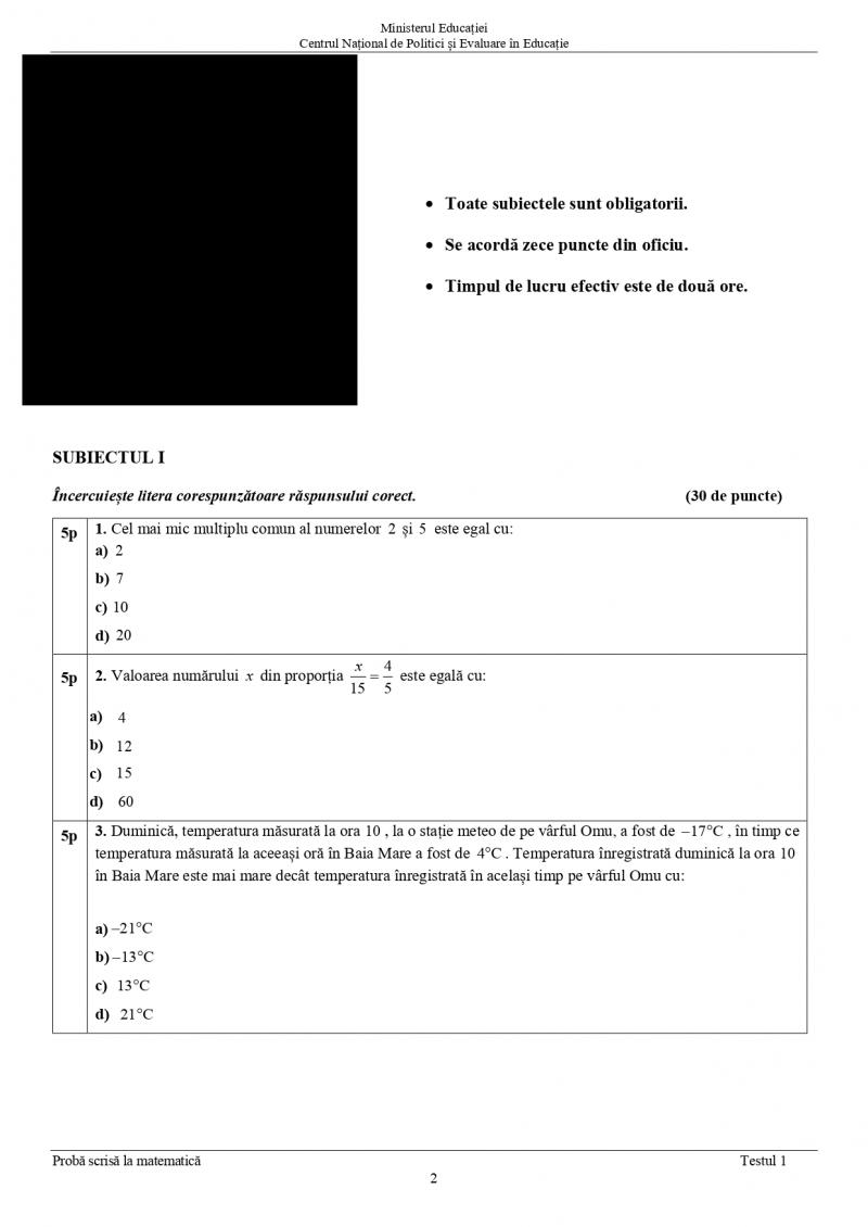 Testul 1 de antrenament pentru Evaluare Naţională 2022 - matematică
