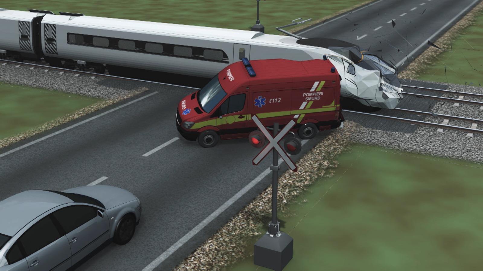 Ambulanţă, lovită de tren după ce şoferul ar fi fost orbit de farurile de pe contrasens