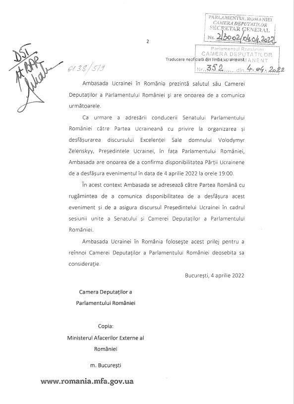 Cererea Ambasadei Ucrainei la Bucureşti pentru desfăşurarea discursului lui Volodimir Zelenski în Parlamentul României