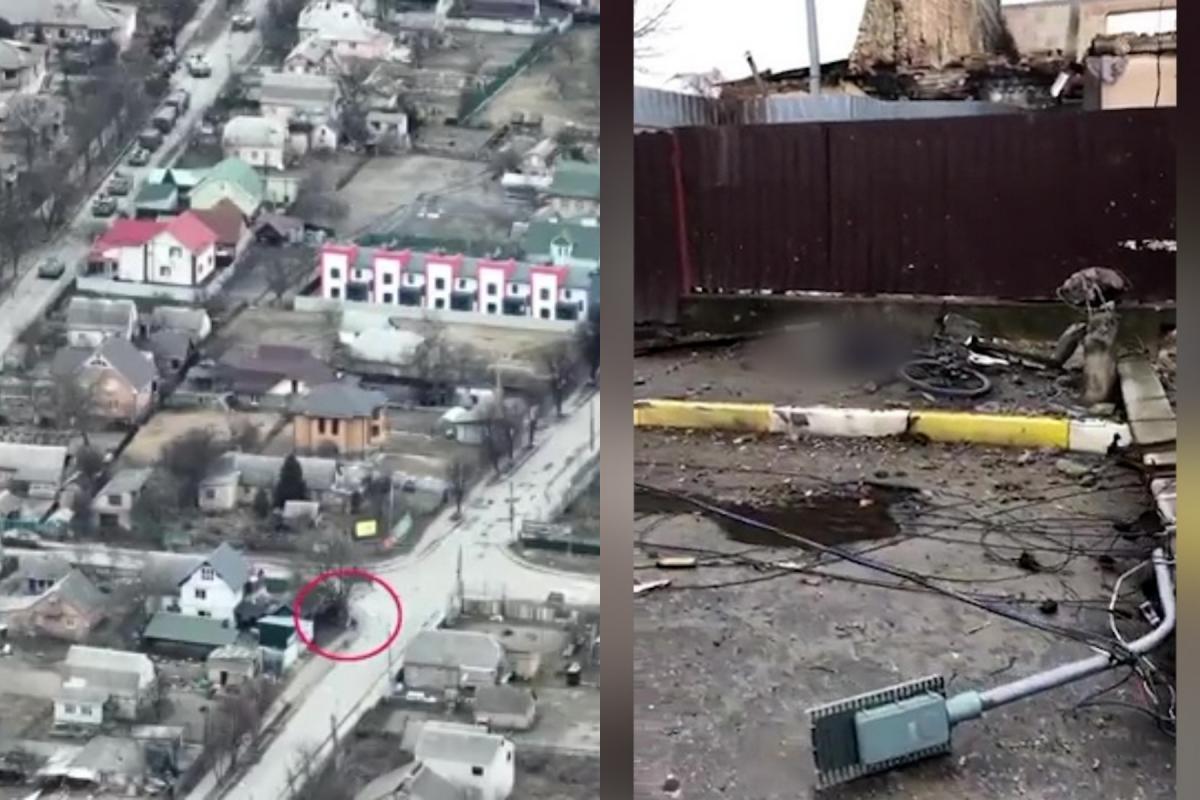 Filmare din dronă: Ruşii împuşcă un ucrainean pe "strada cadavrelor" din Bucha Filmare din dronă: Ruşii împuşcă un ucrainean pe "strada cadavrelor" din Bucha