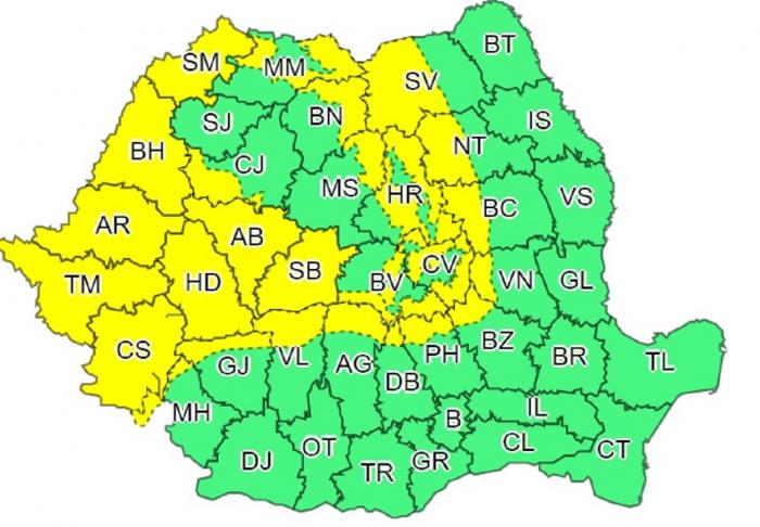 Harta județelor afectate de codul galben