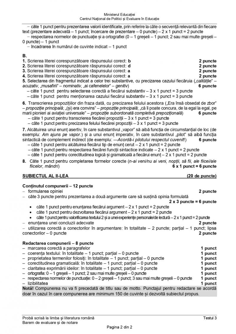 Testul 3 de antrenament pentru Evaluare Naţională 2022 - barem de corectare la limba română