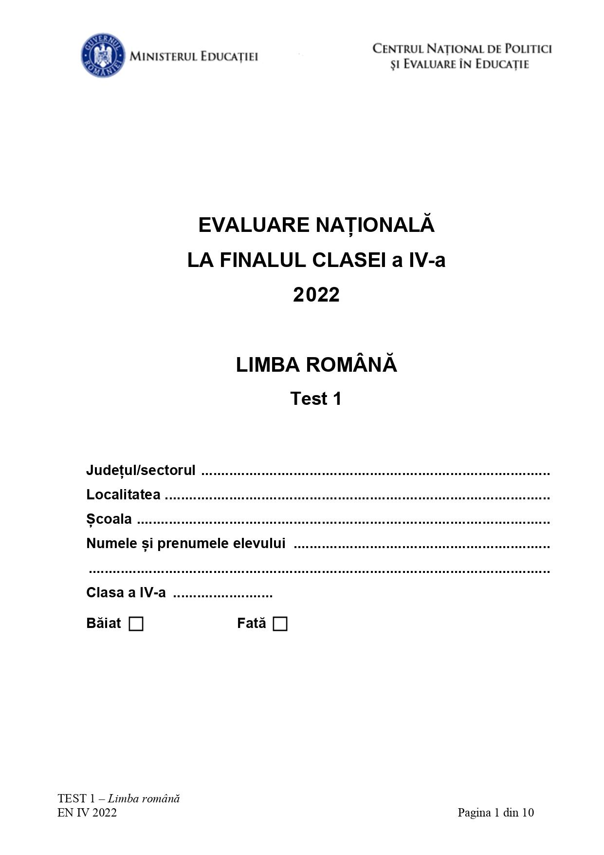 Testul 1 la Evaluarea Naţională 2022 - clasa a 4-a, limba română