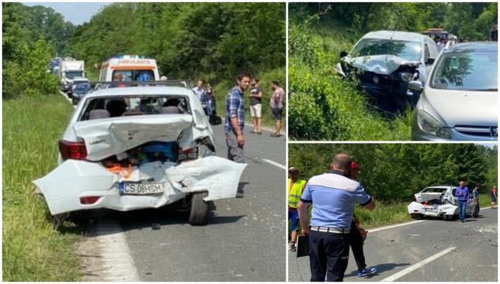 Accident cu șase victime pe o șosea din Banat. Trei mașini s-au făcut praf între Reșița și Bocșa