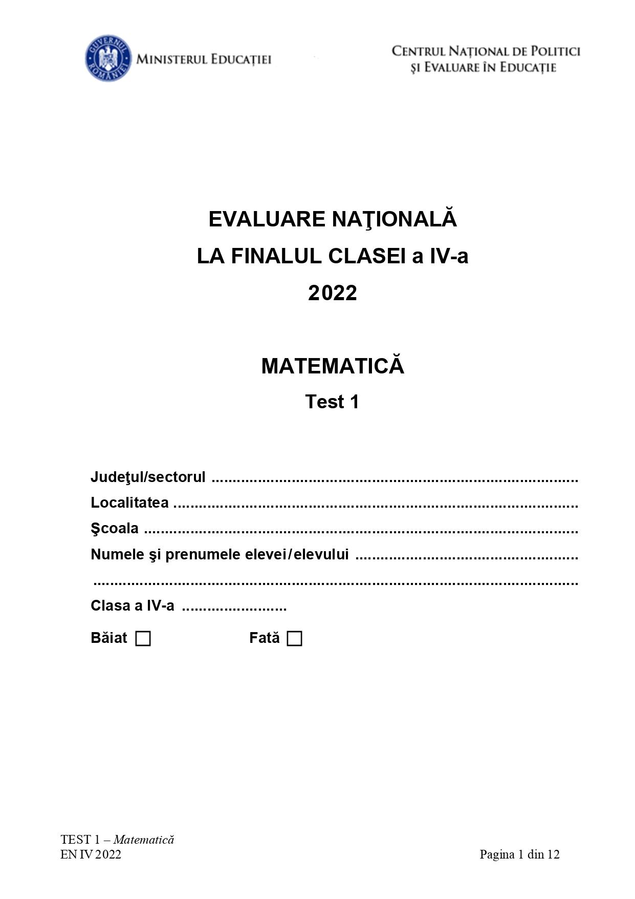 Testul 1 la Evaluarea Naţională 2022 - clasa a 4-a, matematică