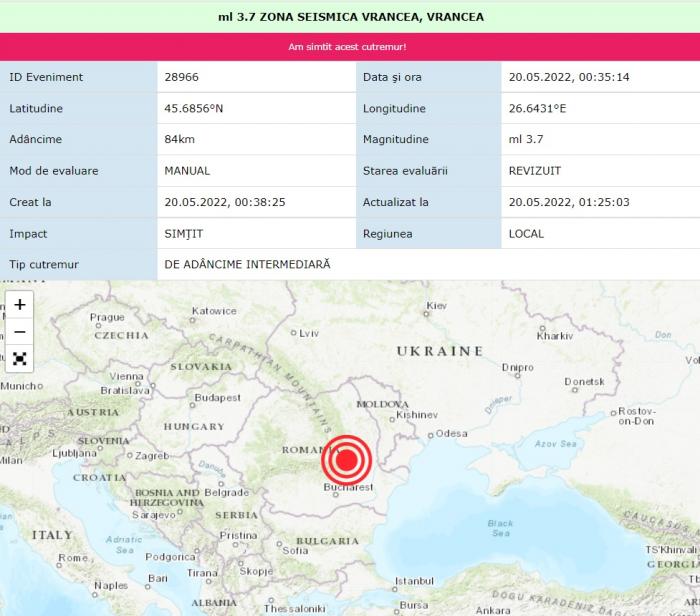 Cutremur în România, puţin după miezul nopţii. Seismul s-a produs în Vrancea, la 84 de kilometri adâncime