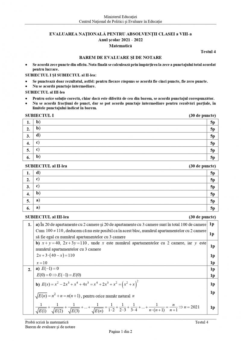 Testul 4 de antrenament pentru Evaluare Naţională 2022 - barem de corectare la matematică