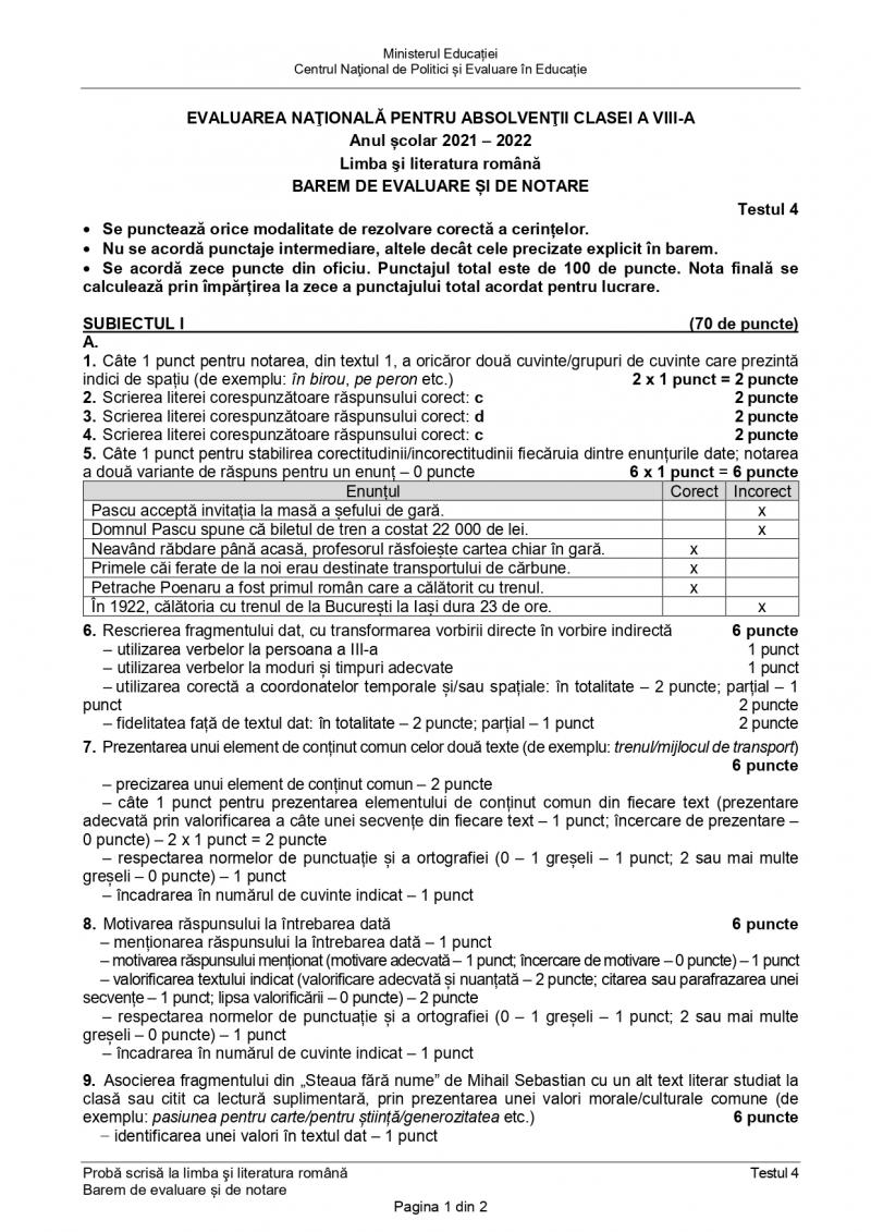 Testul 4 de antrenament pentru Evaluare Naţională 2022 - barem de corectare la limba română Testul 4 de antrenament pentru Evaluare Naţională 2022 - barem de corectare la limba română
