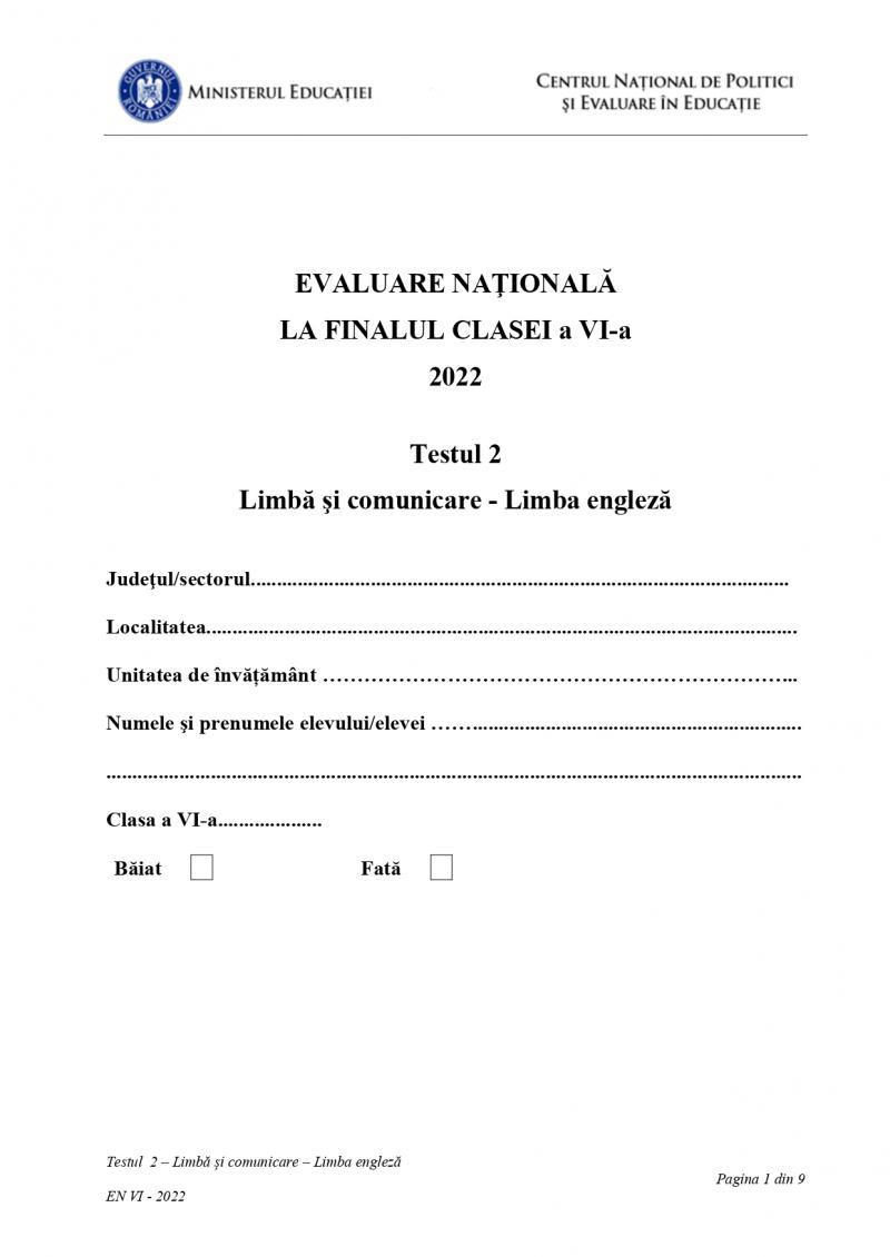 Testul 2 la Limba engleză - evaluare clasa a 6-a