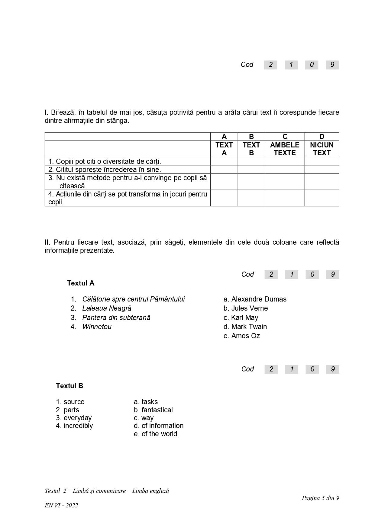 Testul 2 la Limba engleză - evaluare clasa a 6-a