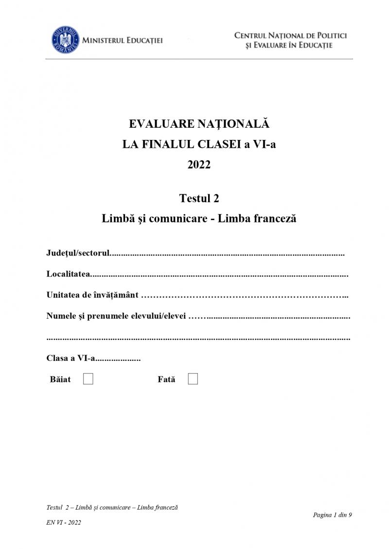 Evaluare Naţională 2022, clasa a 6-a. Subiectele la limbă şi comunicare - limba franceză au fost publicate