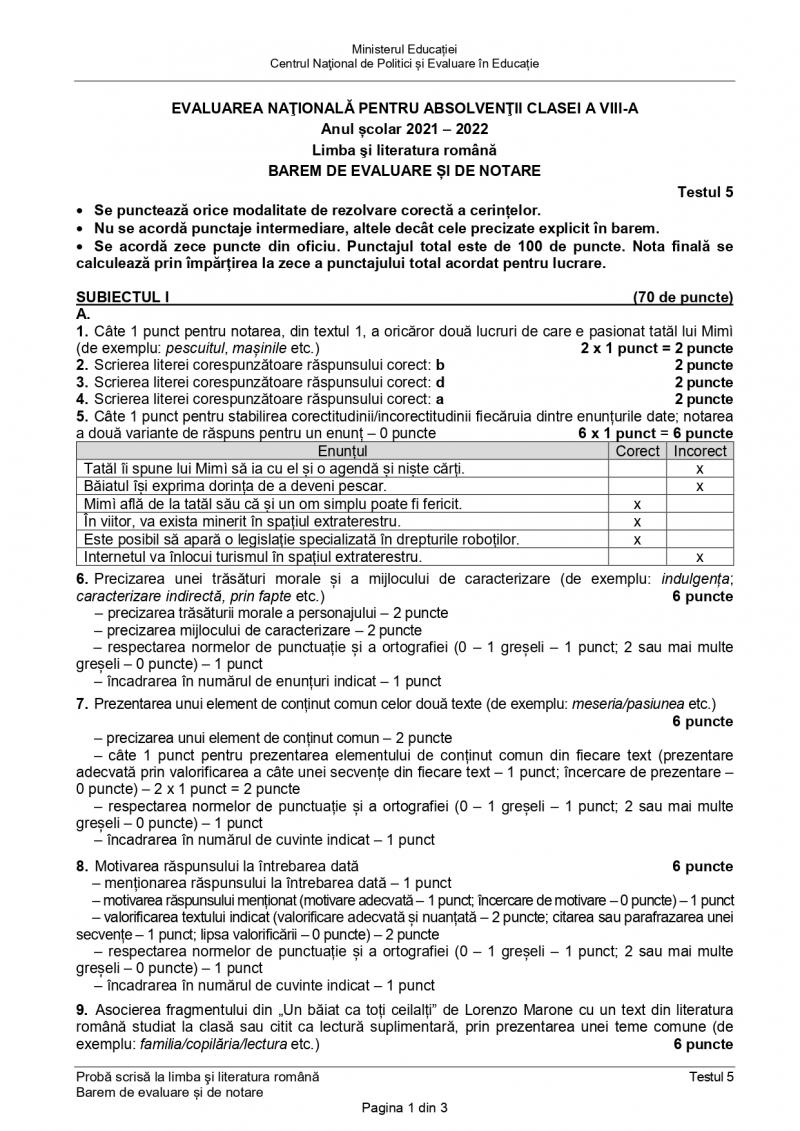Testul 5 de antrenament pentru Evaluare Naţională 2022 - barem de corectare la limba română