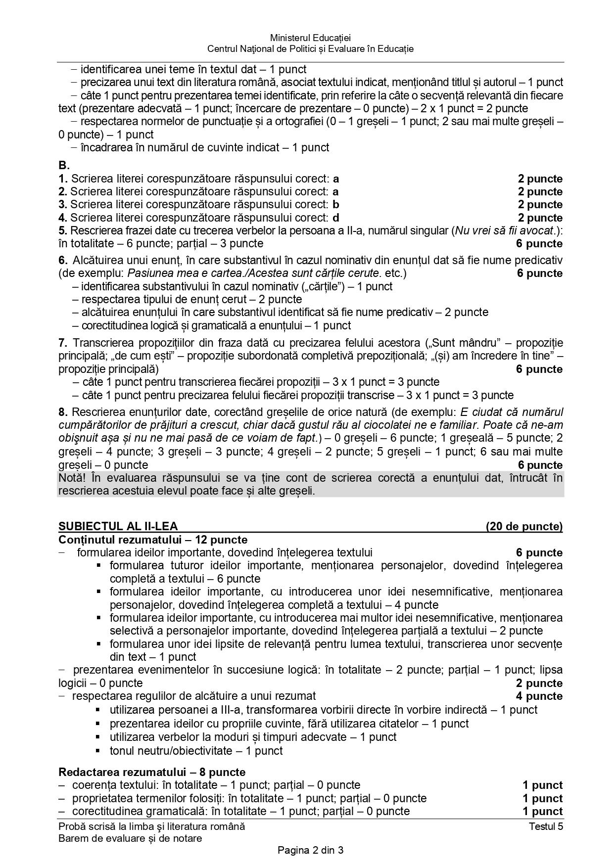 Testul 5 de antrenament pentru Evaluare Naţională 2022 - barem de corectare la limba română