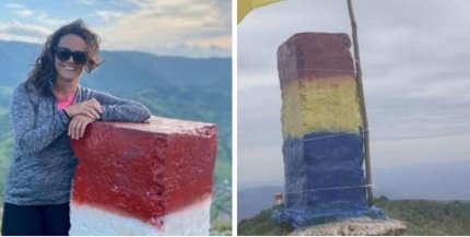 "Problemă rezolvată". Borna în culorile drapelului Ungariei, lângă care s-a fotografiat preşedintele maghiar, vopsită în culorile steagului României