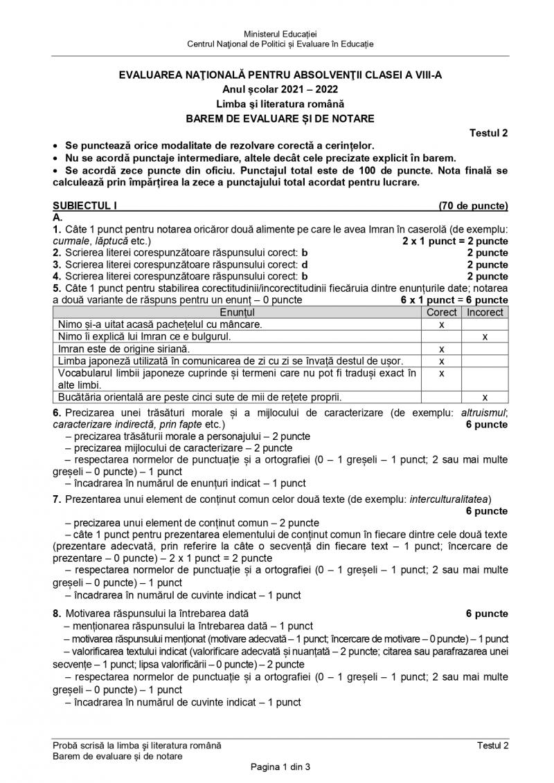 Testul 2 de antrenament pentru Evaluare Naţională 2022 - barem de corectare la limba şi literatura română