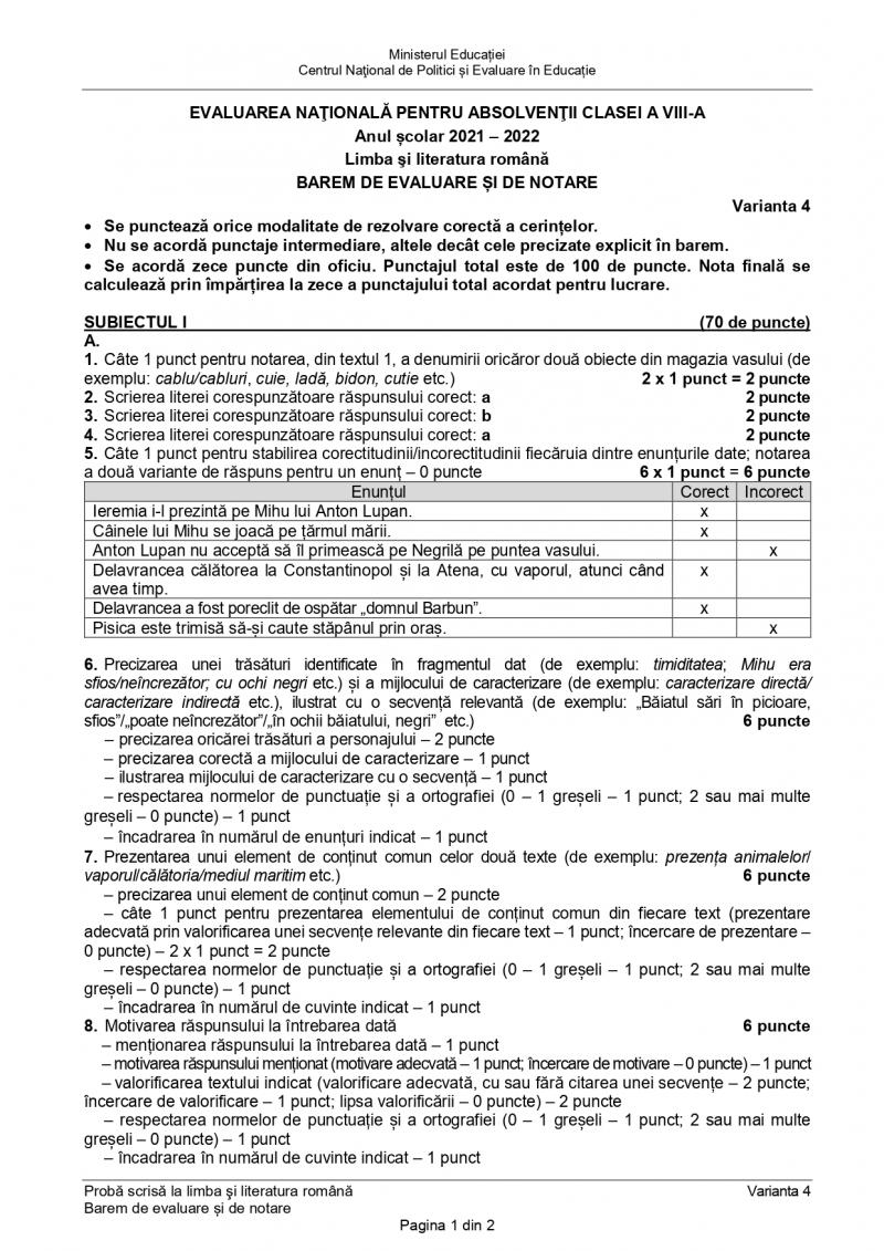 Baremul de rezolvare a subiectelor la română, la Evaluare Naţională 2022 Baremul de rezolvare a subiectelor la română, la Evaluare Naţională 2022