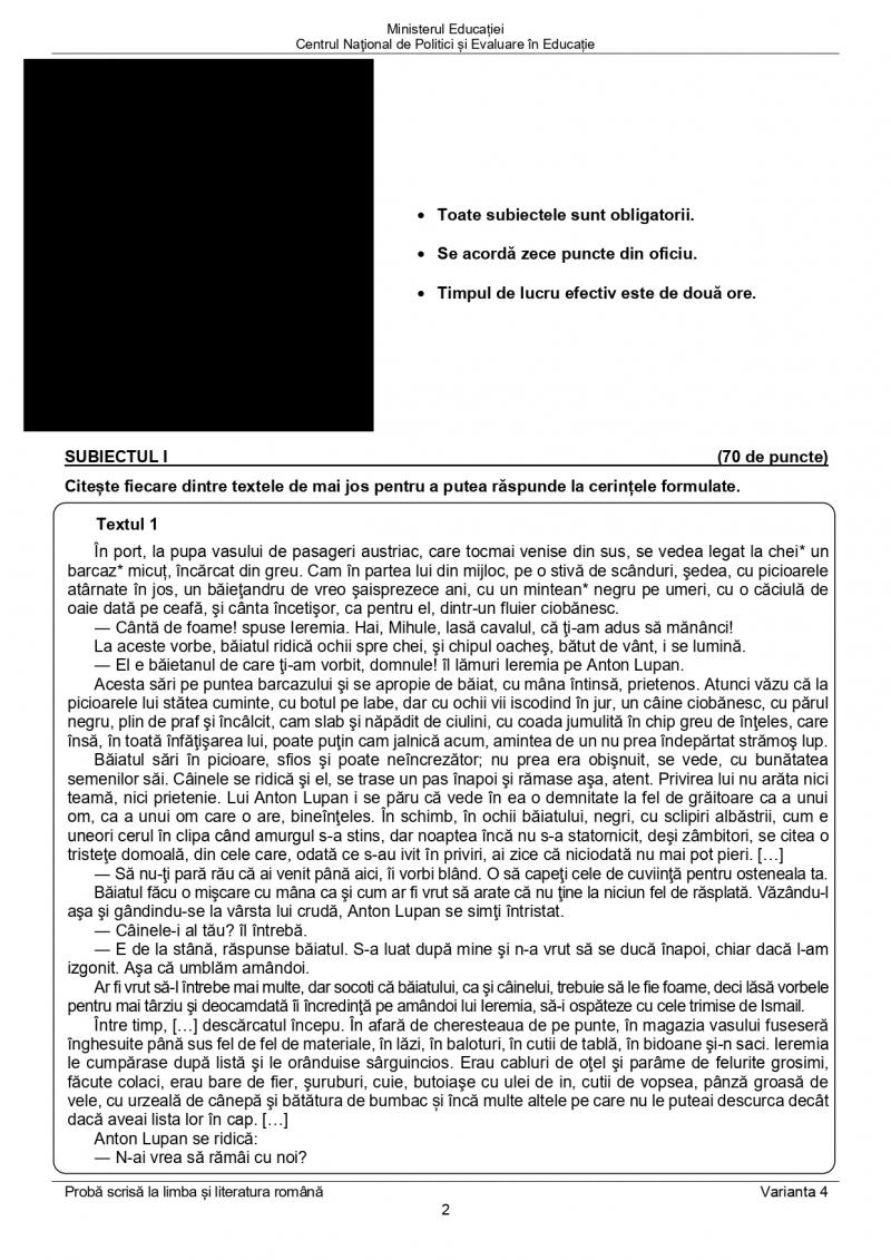 Subiectele la Evaluare Naţională 2022 - limba şi literatura română Subiectele la Evaluare Naţională 2022 - limba şi literatura română