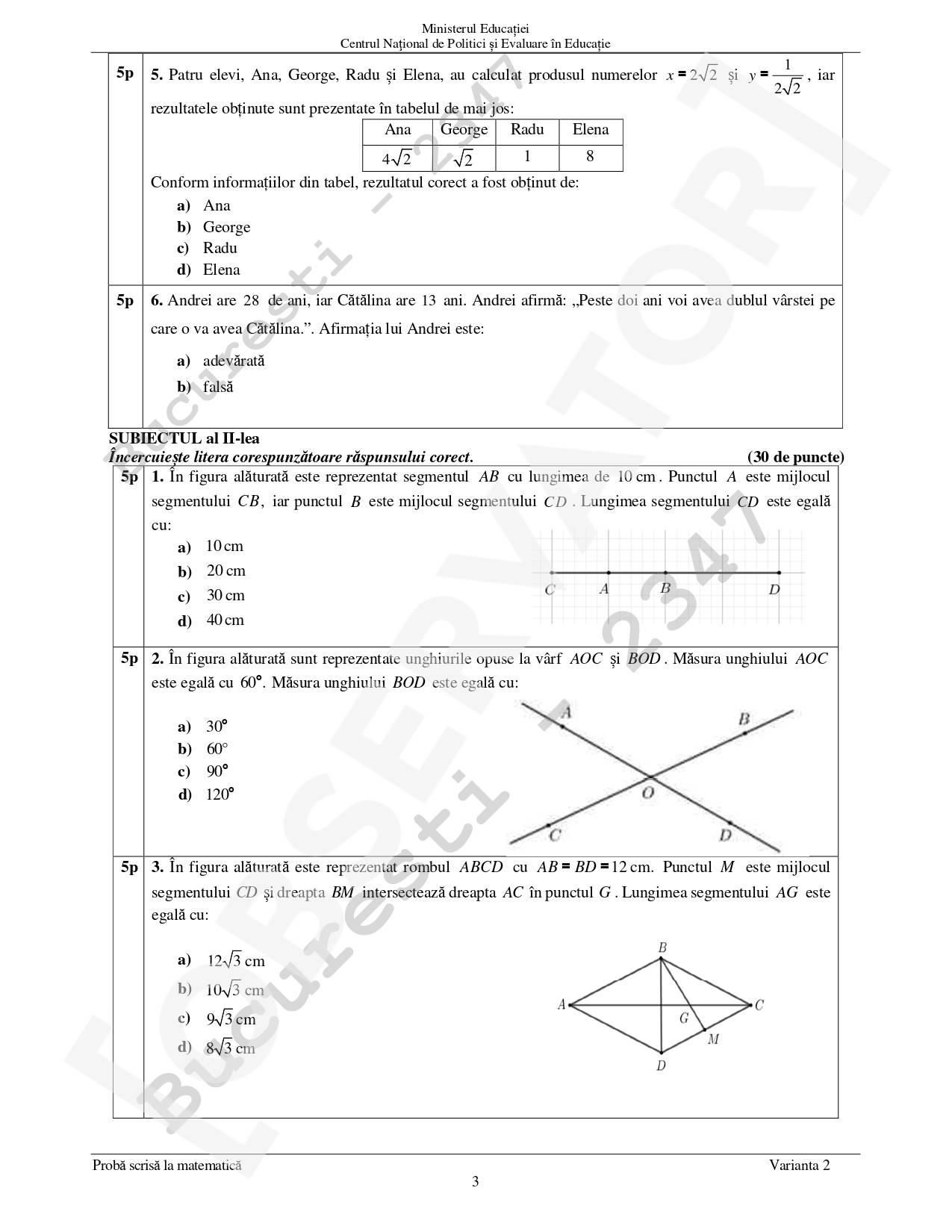 Subiecte Matematică Evaluare Naţională 2022