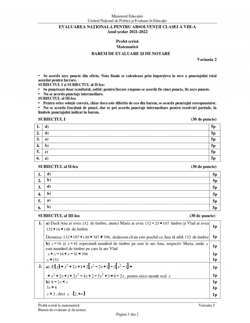 Cum se rezolvă subiectele la matematică de la Evaluarea Naţională 2022 - barem de corectare Cum se rezolvă subiectele la matematică de la Evaluarea Naţională 2022 - barem de corectare