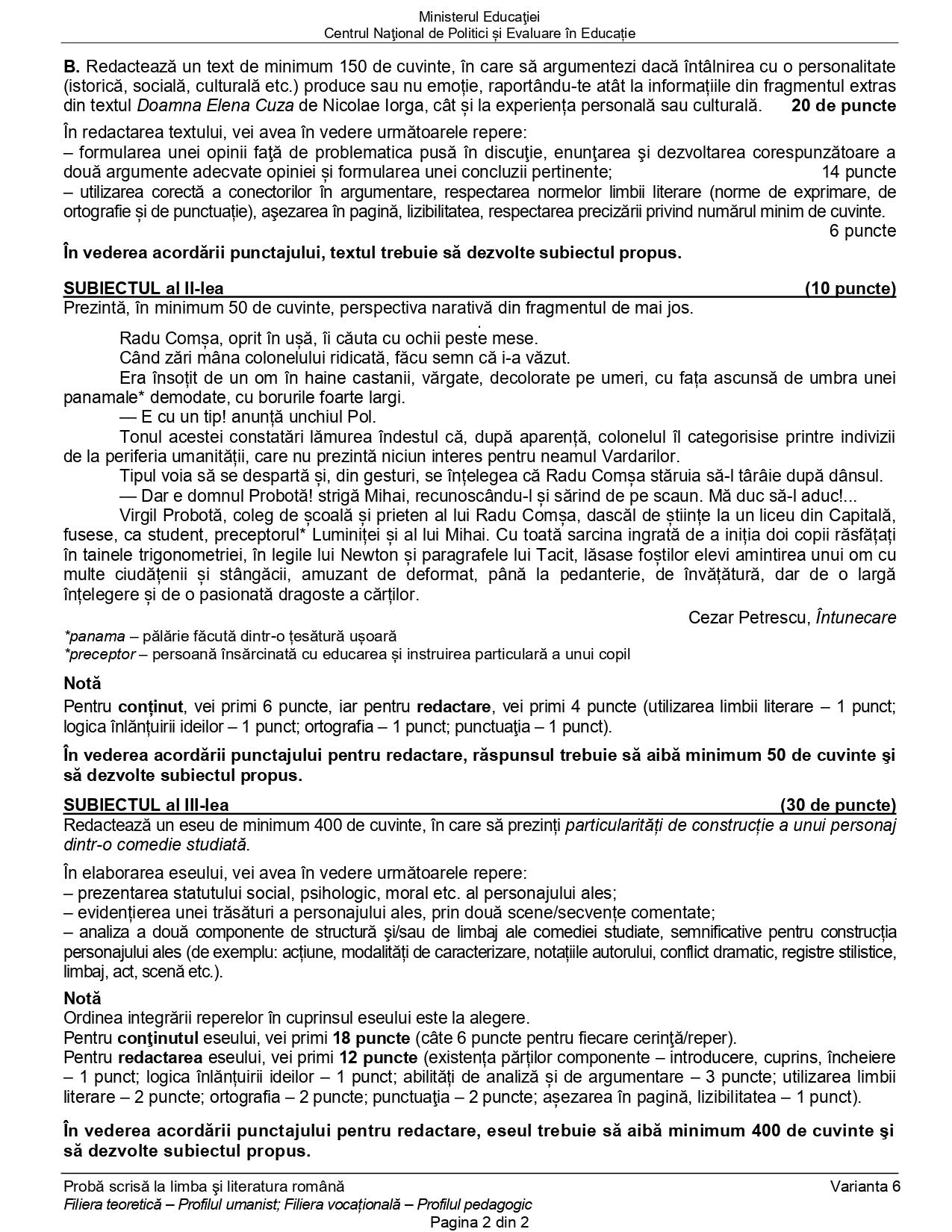 Subiectele la română - profilul uman, la BAC 2022