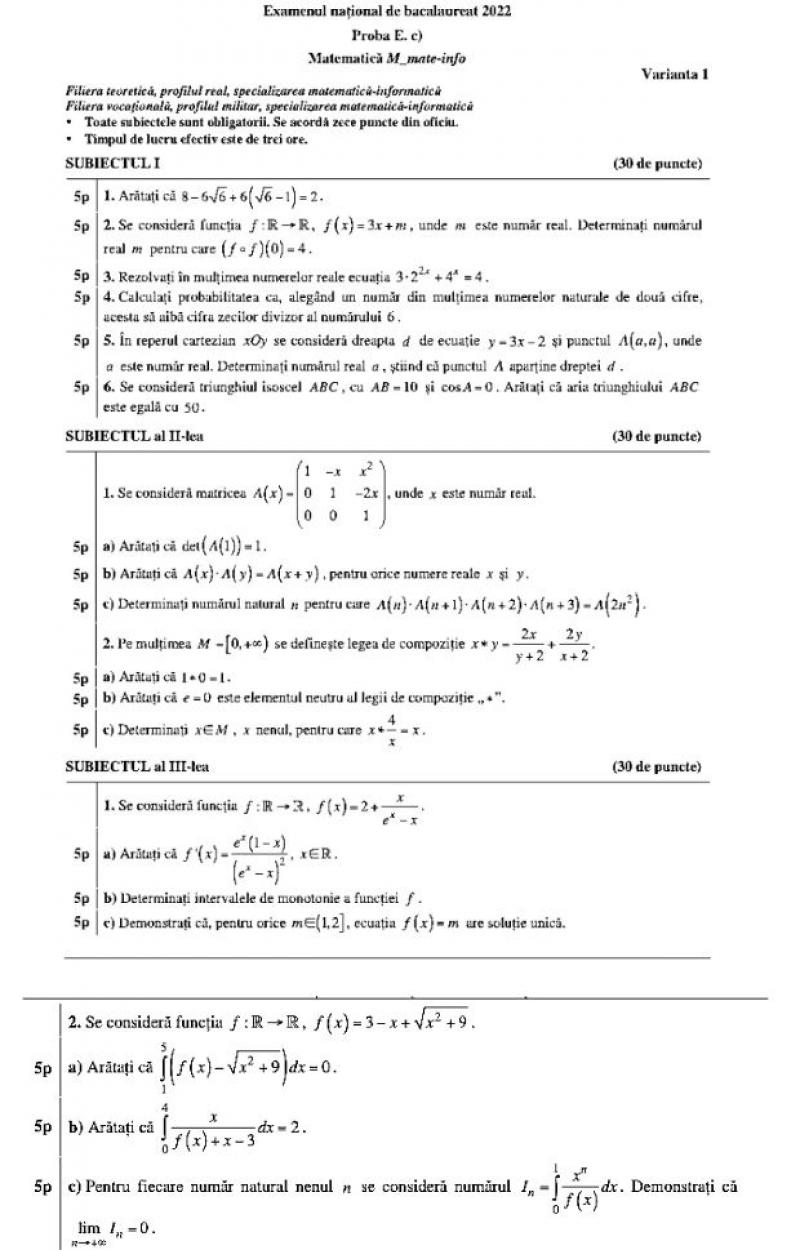 Subiectele la matematică la Bacalaureat 2022 Subiectele la matematică la Bacalaureat 2022