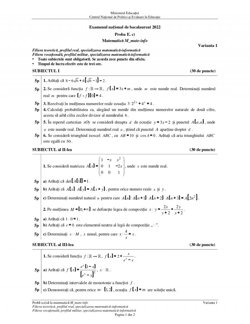 Subiecte bacalaureat 2022 mate-info Subiecte bacalaureat 2022 mate-info
