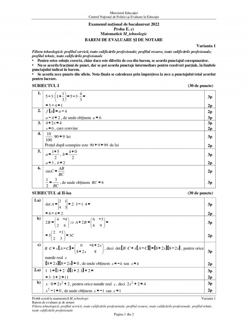 Barem bacalaureat 2022 matematică tehnologic Barem bacalaureat 2022 matematică tehnologic