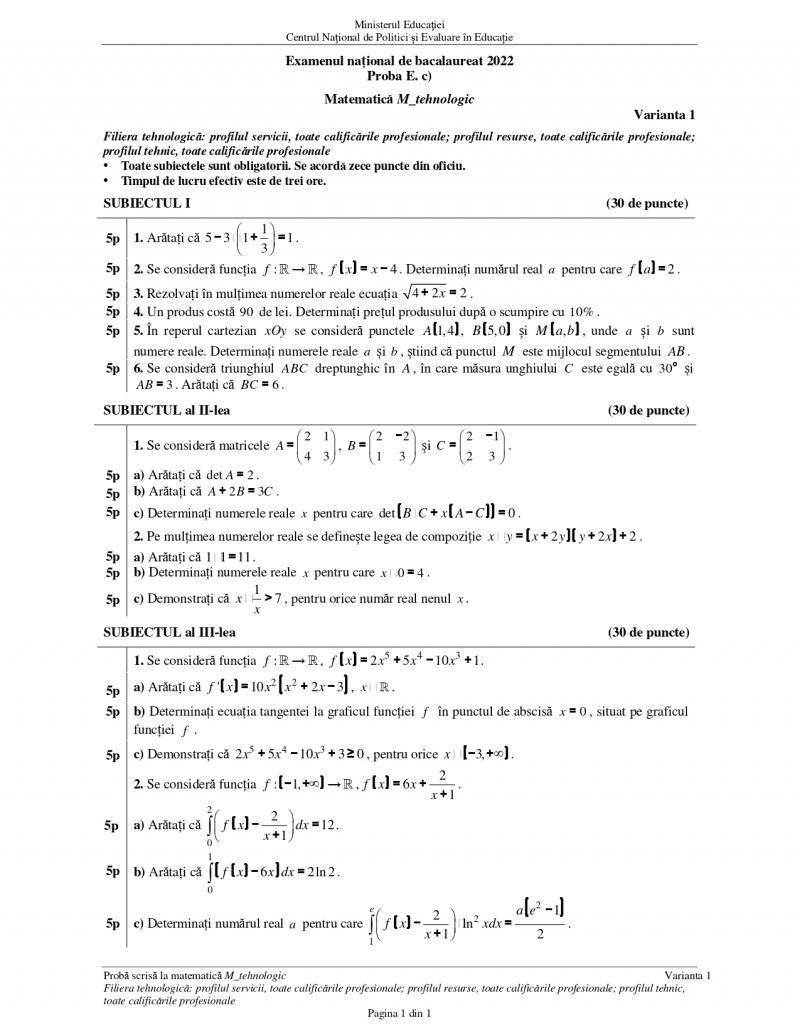 Subiecte bacalaureat 2022 matematică tehnologic Subiecte bacalaureat 2022 matematică tehnologic
