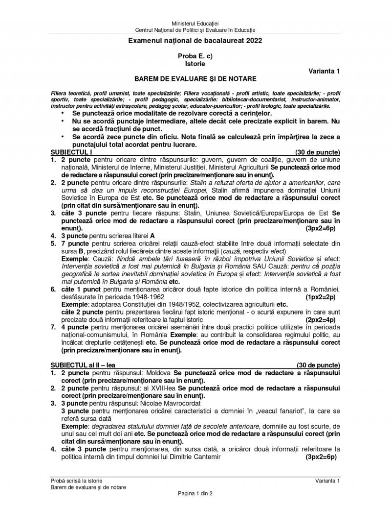 Barem bacalaureat 2022 istorie