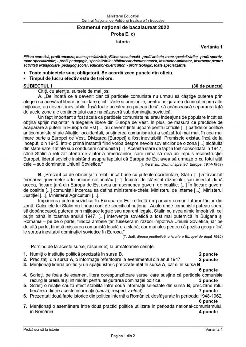 Subiectele bacalaureat 2022 istorie