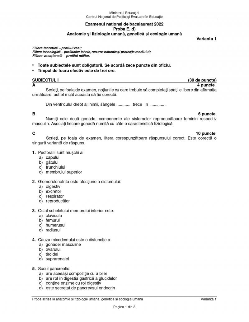 Cum se rezolvă subiectele la anatomie de la Bacalaureat 2022. Baremul de corectare a fost publicat