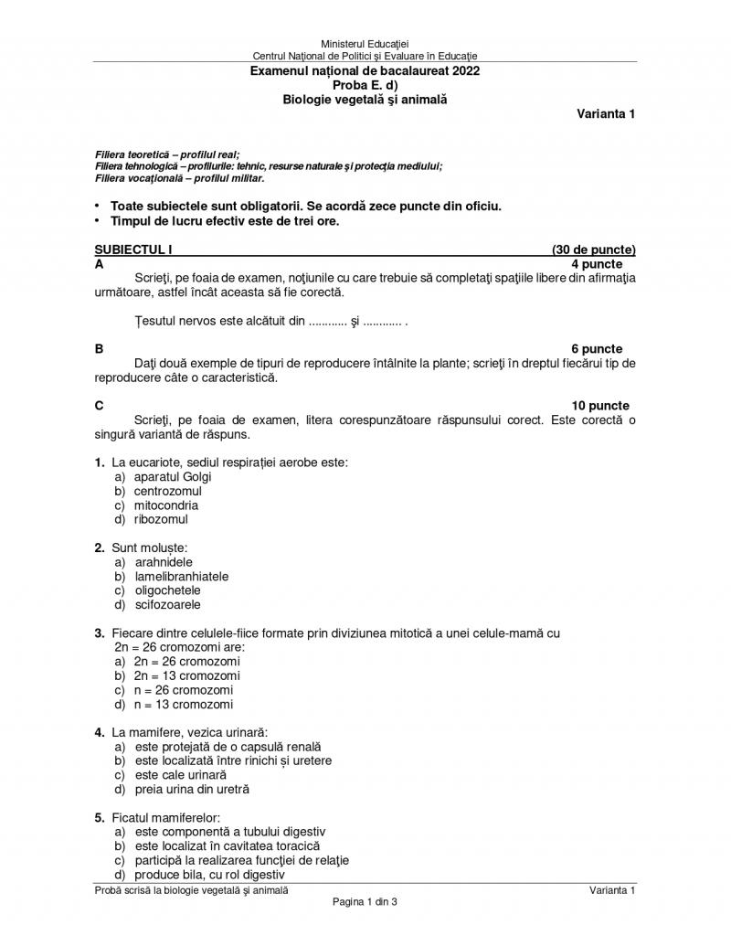 Cum se rezolvă subiectele la biologie de la Bacalaureat 2022. Baremul de corectare a fost publicat